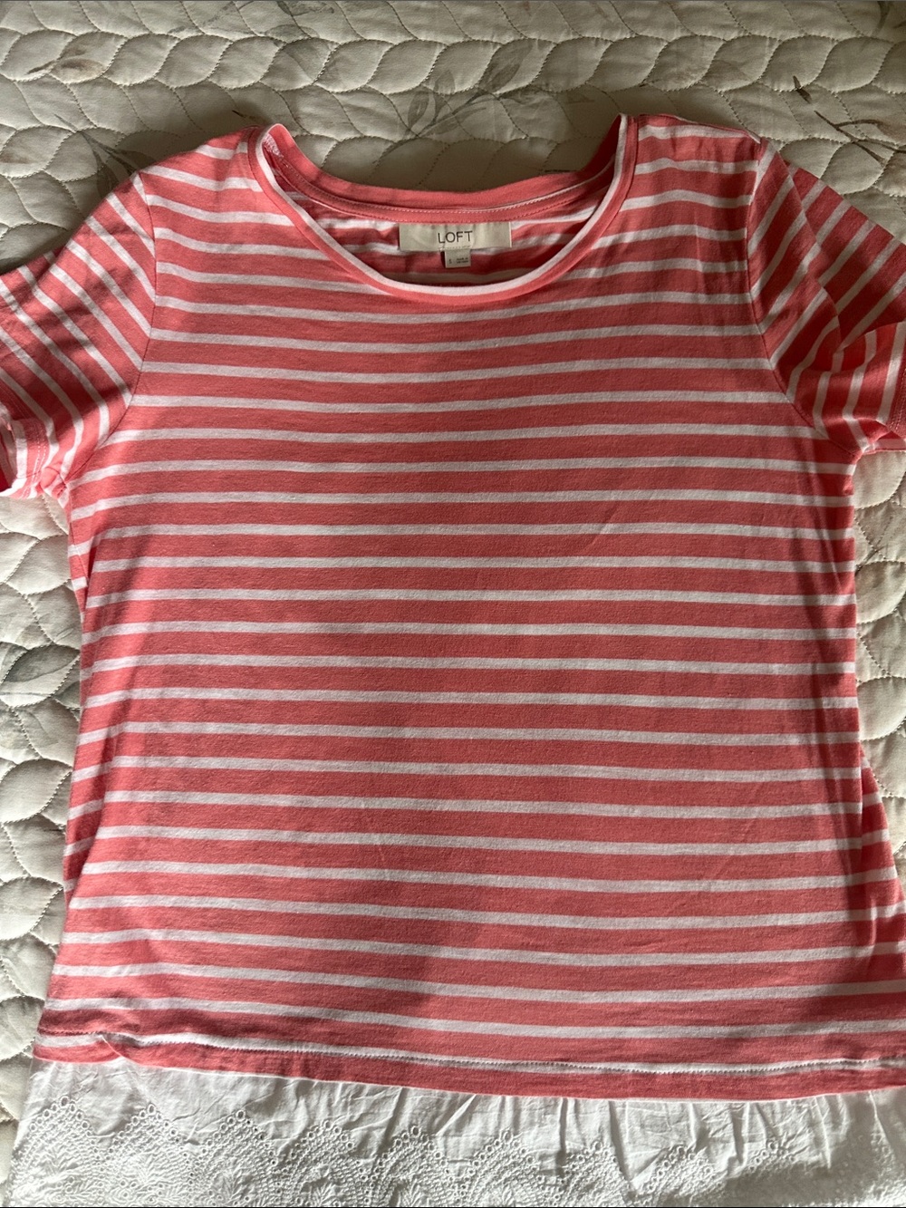 LOFT Coral and White Striped Short Sleeve Tee with Eyelet Hem